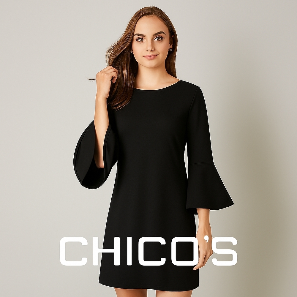 Chico's holiday party Whimsigoth Grunge Office Black Shift Bell Sleeves Dress‎